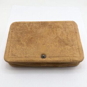 Vintage Genuine Weaver Leather Jewelry Box Light Brown Tan Green Velvet